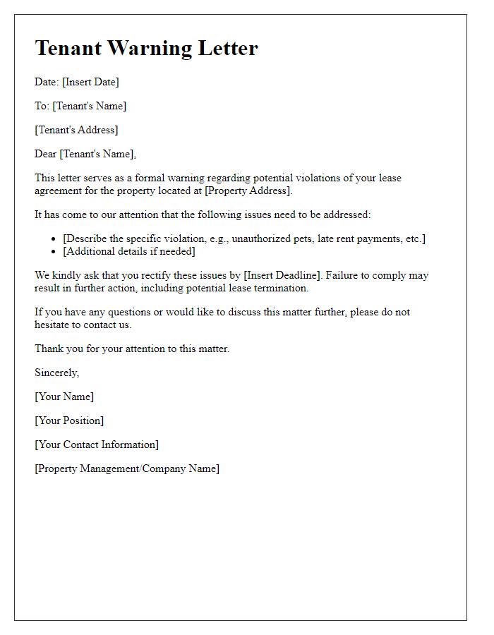 Letter template of tenant warning regarding potential lease violations.