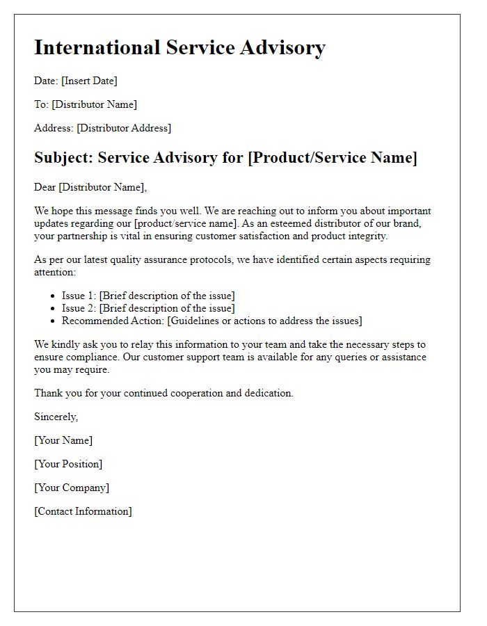 Letter template of international service advisory for distributors