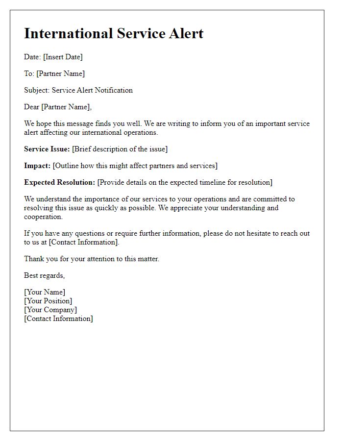 Letter template of international service alert for partners