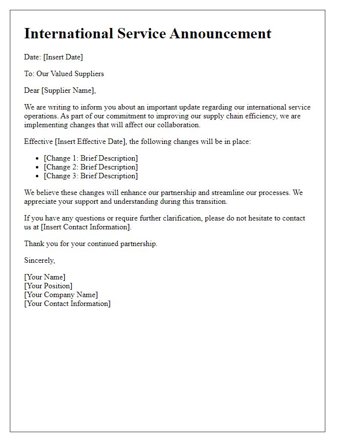 Letter template of international service announcement for suppliers