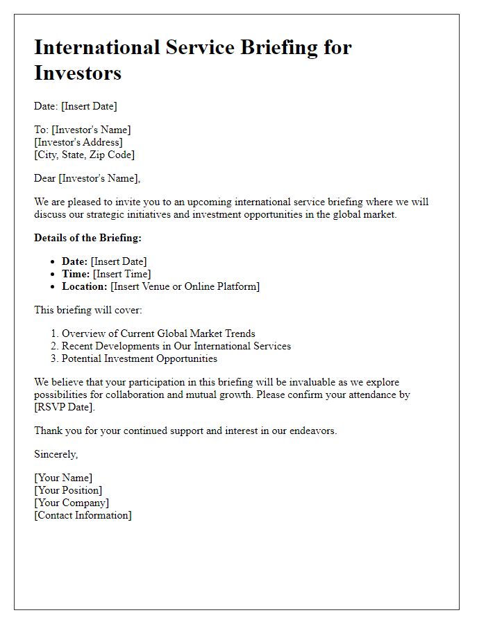 Letter template of international service briefing for investors