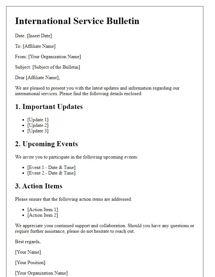 Letter template of international service bulletin for affiliates