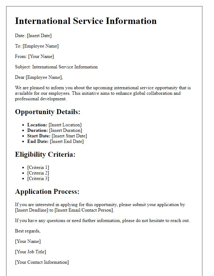 Letter template of international service information for employees