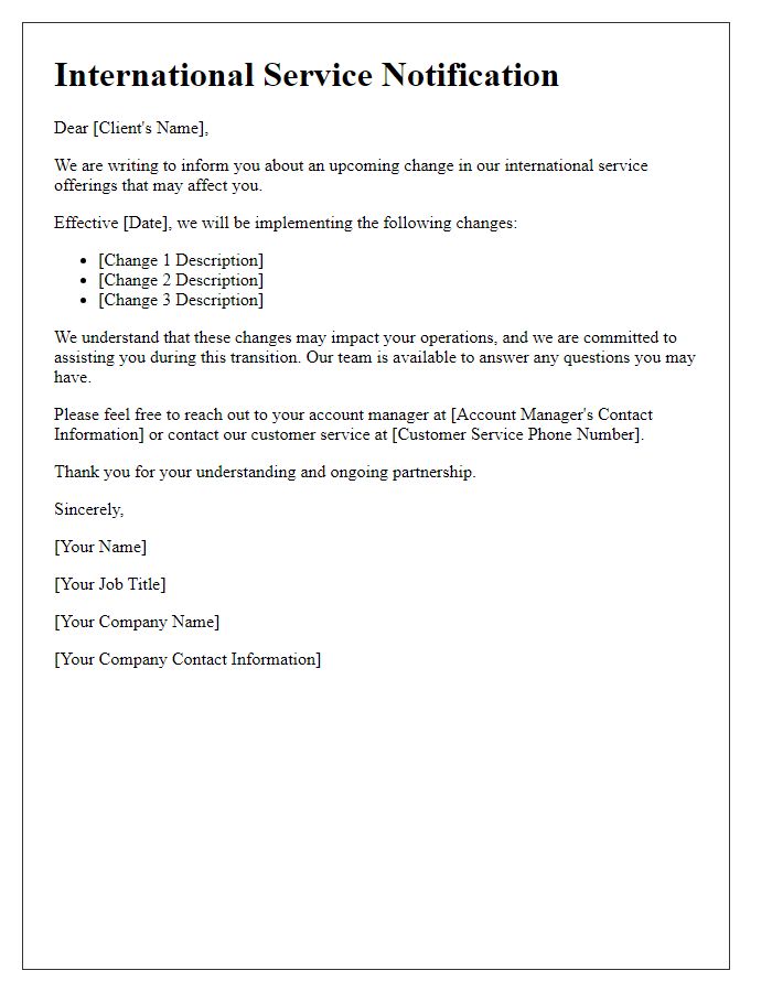 Letter template of international service notification for clients