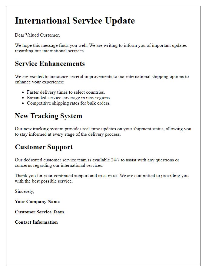 Letter template of international service update for customers