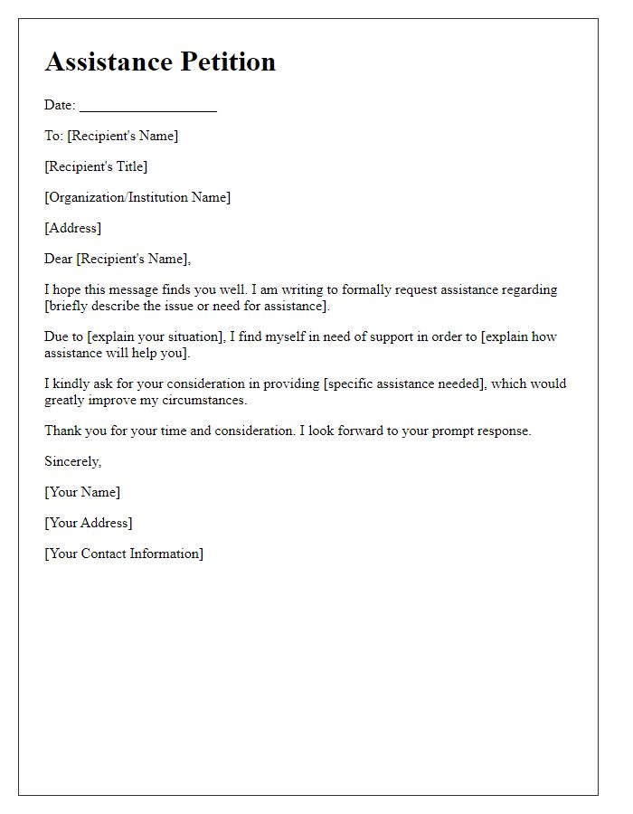 Letter template of assistance petition note