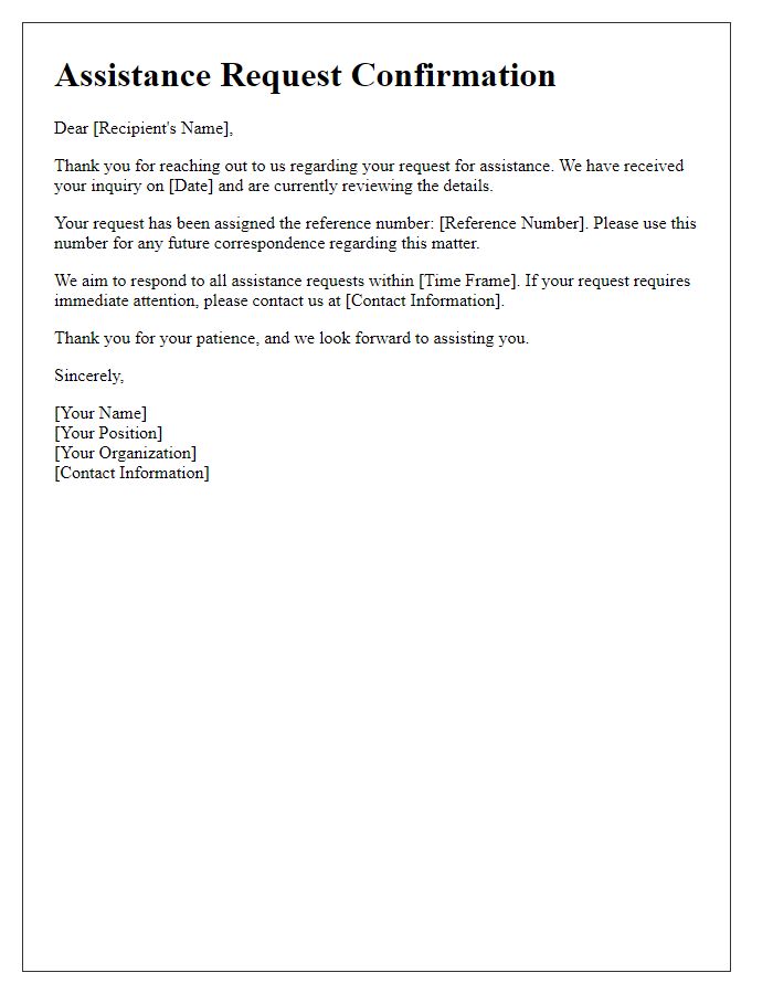 Letter template of assistance request confirmation