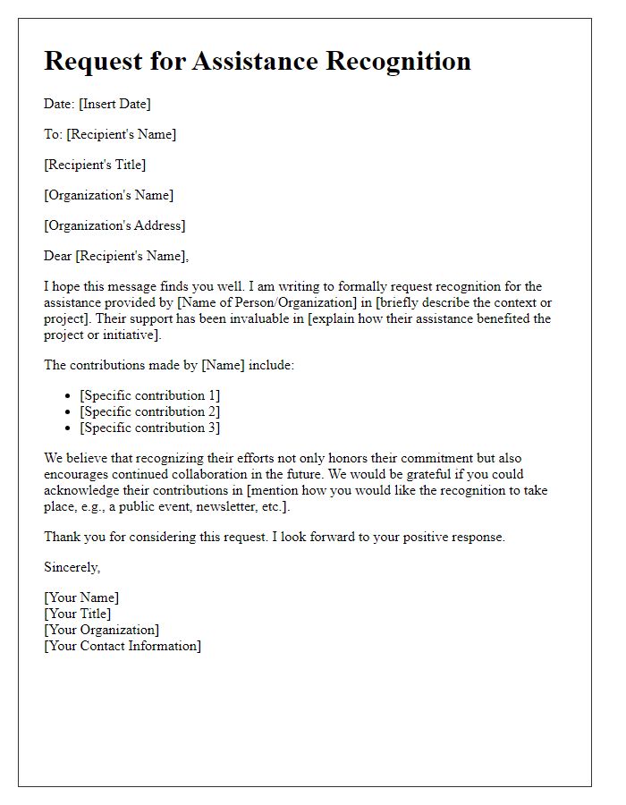 Letter template of request for assistance recognition