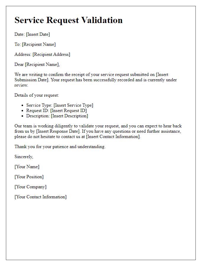 Letter template of service request validation