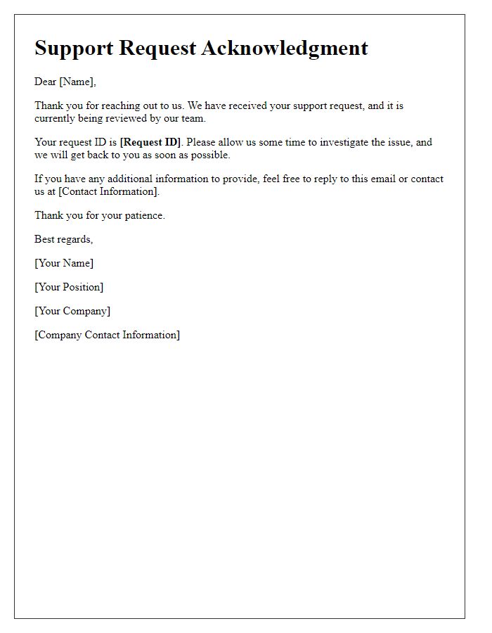 Letter template of support request acknowledgment