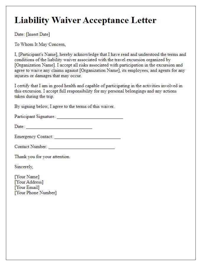 Letter template of liability waiver acceptance for travel excursions