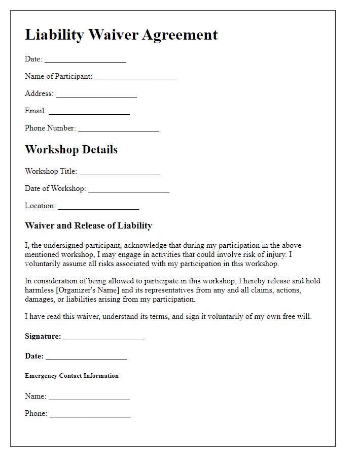 Letter template of liability waiver agreement for workshop attendees