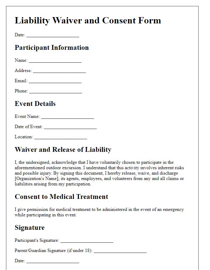 Letter template of liability waiver consent for outdoor excursions