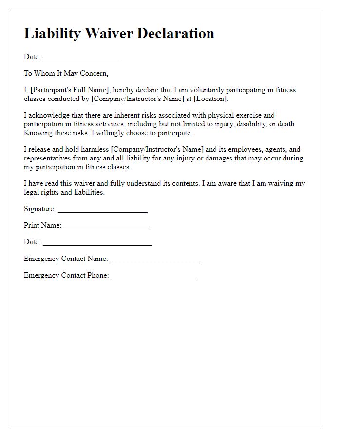 Letter template of liability waiver declaration for fitness classes