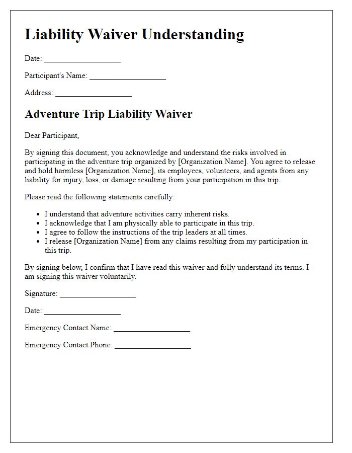 Letter template of liability waiver understanding for adventure trips