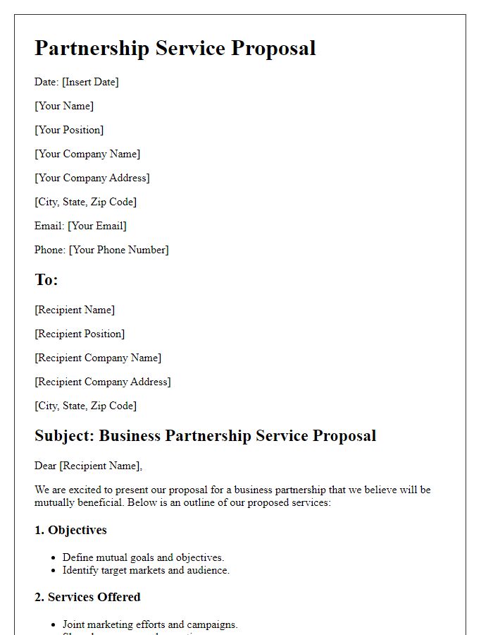 Letter template of business partnership service outline.