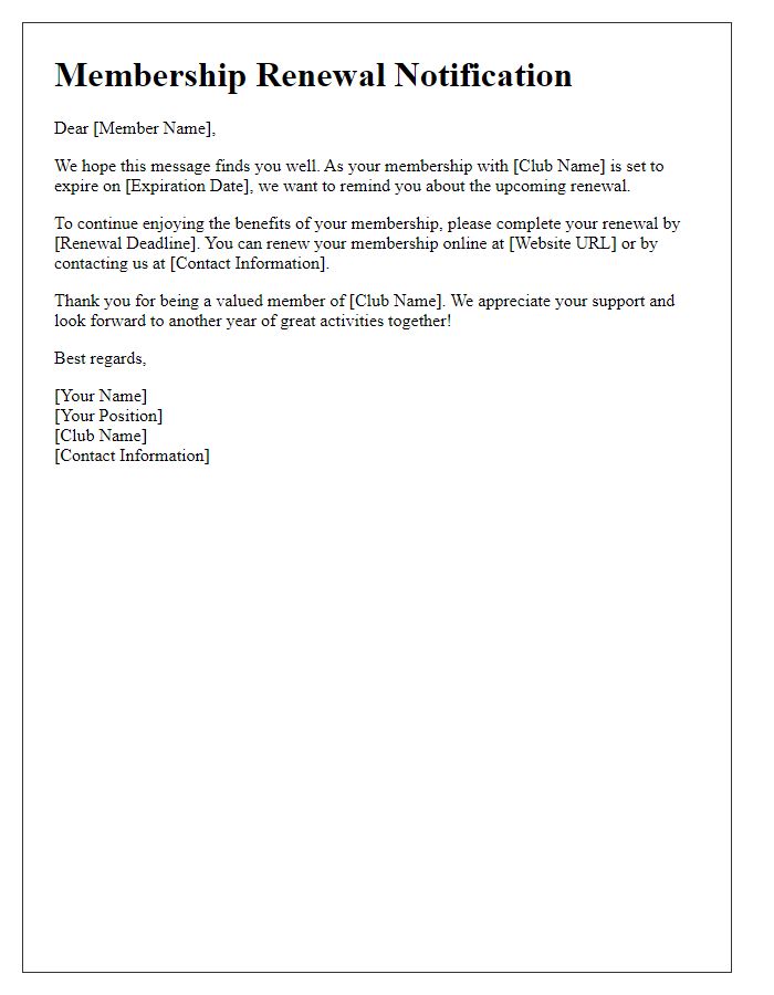 Letter template of club membership renewal notification