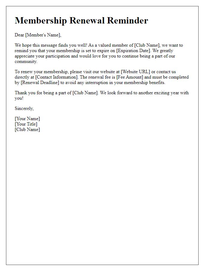 Letter template of club membership renewal prompt