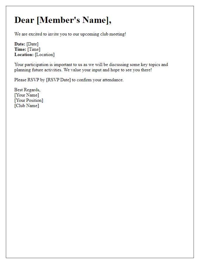 Letter template of club meeting invitation for members to participate