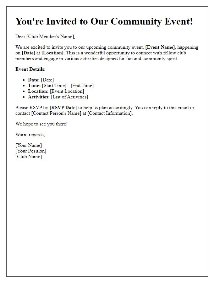 Letter template of community event invitation tailored for club members