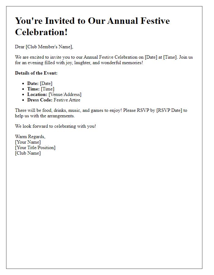 Letter template of festive event invitation for club members