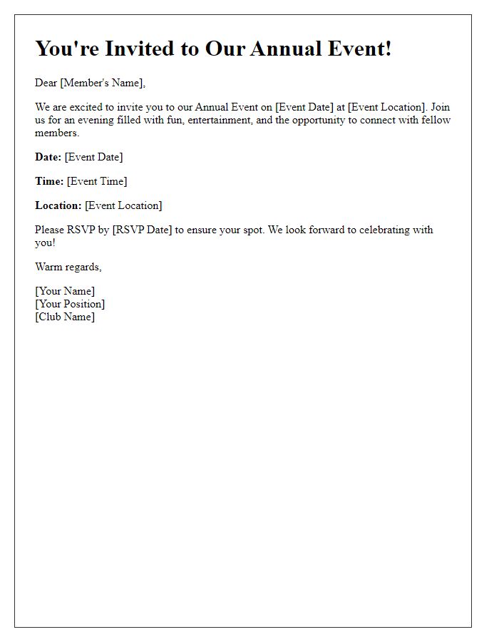 Letter template of personalized invitation to club members for annual event