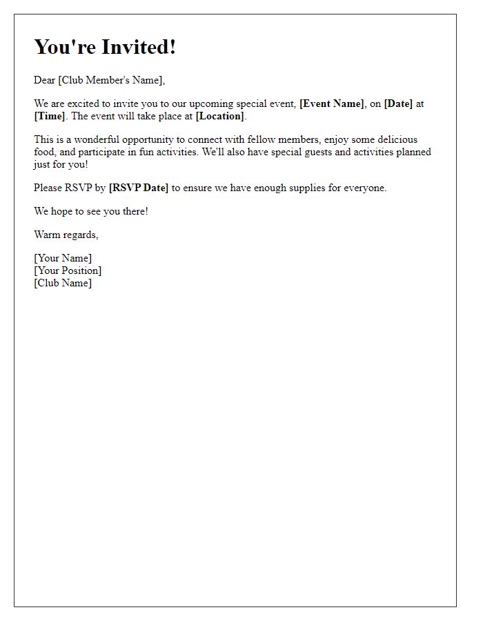 Letter template of special event invitation addressed to club members