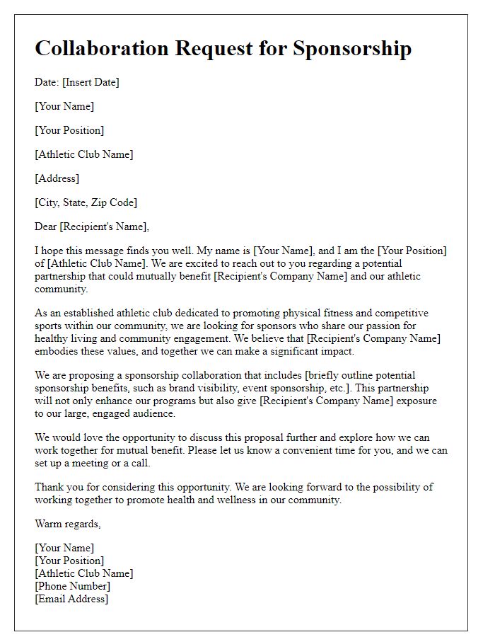 Letter template of collaboration request for athletic club sponsorship.