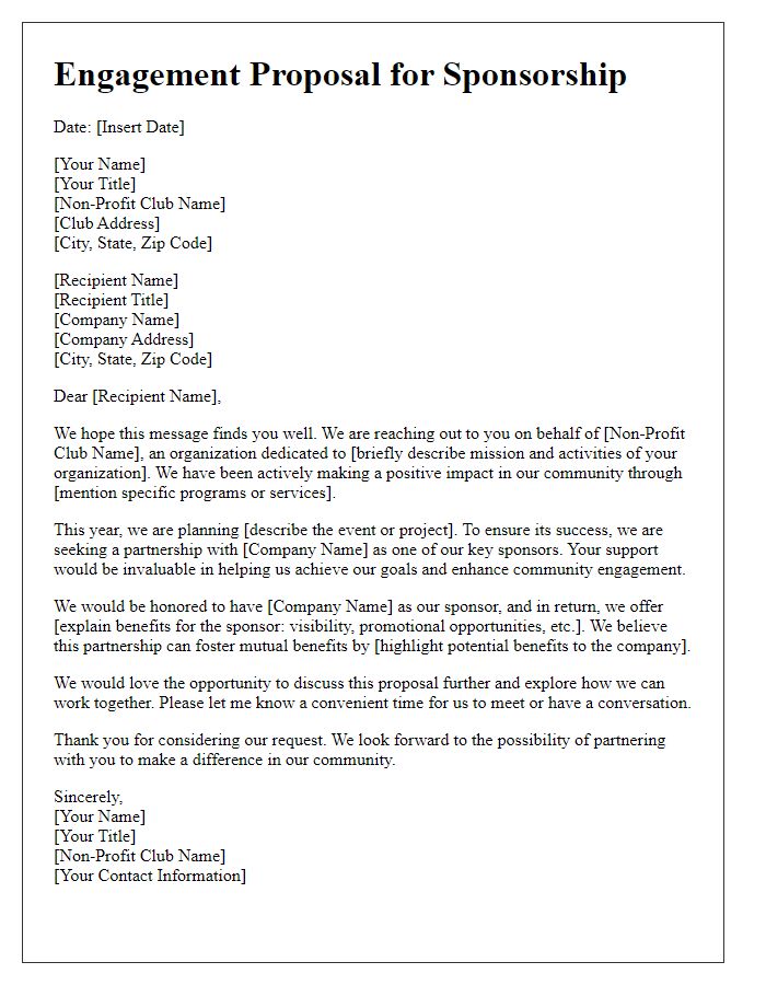 Letter template of engagement proposal for non-profit club sponsorship.