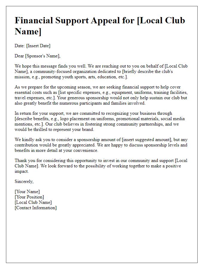 Letter template of financial support appeal for local club sponsorship.