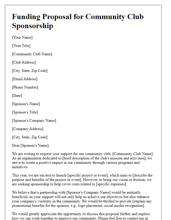 Letter template of funding proposal for community club sponsorship.