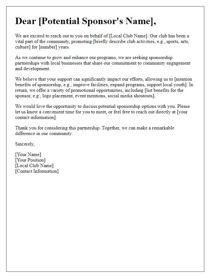 Letter template of sponsorship opportunities communication for local club.