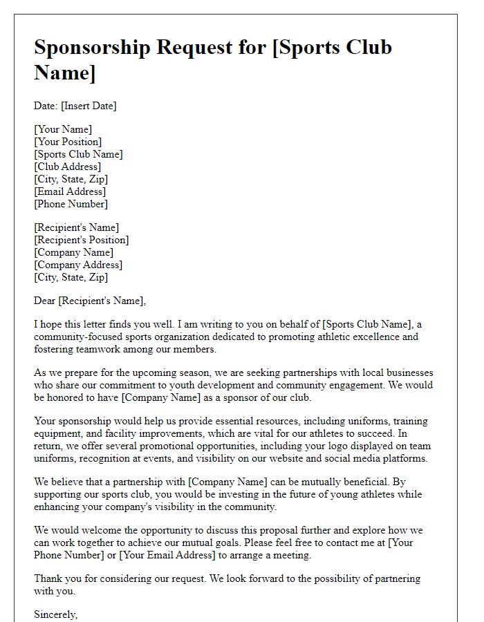 Letter template of sponsorship request for sports club involvement.