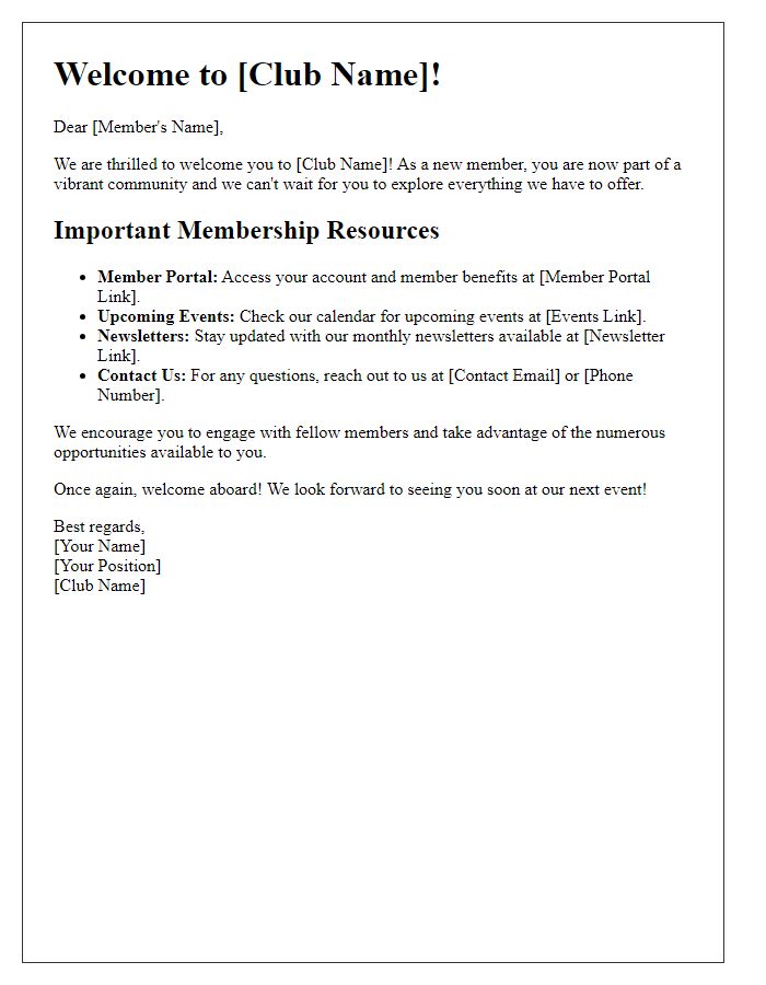 Letter template of Club Welcome: Important Membership Resources