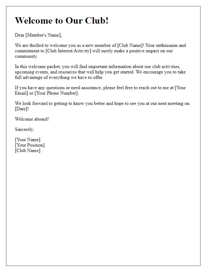 Letter template of New Club Member Welcome Packet