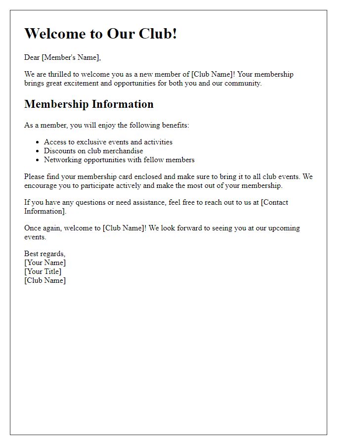 Letter template of Welcome to Our Club: Membership Information