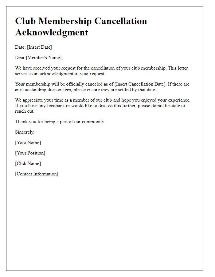 Letter template of acknowledgment for club membership cancellation request