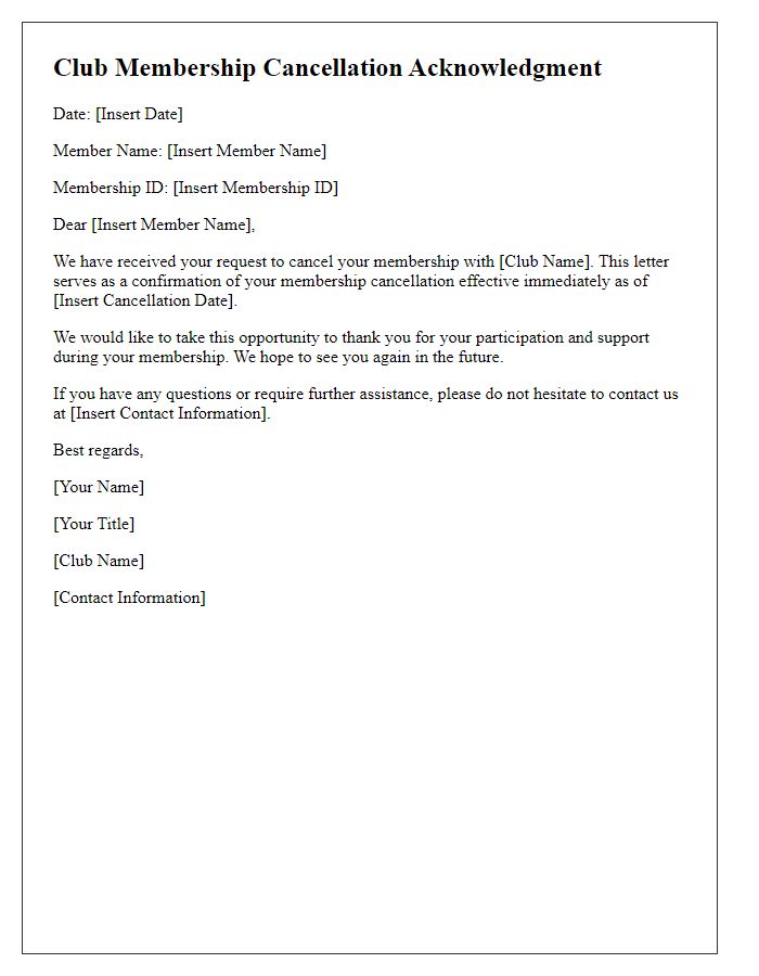 Letter template of club membership cancellation acknowledgment