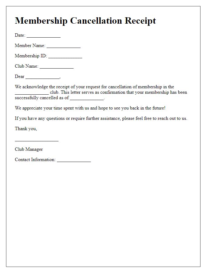 Letter template of club membership cancellation receipt