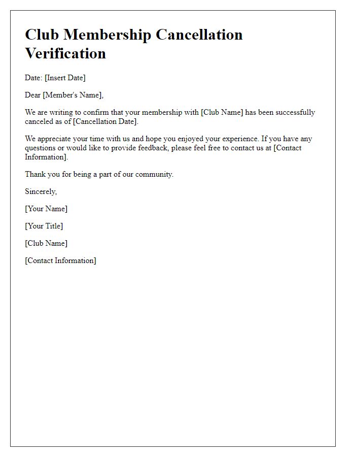 Letter template of club membership cancellation verification