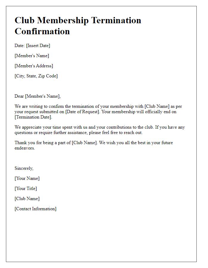 Letter template of confirmation of club membership termination