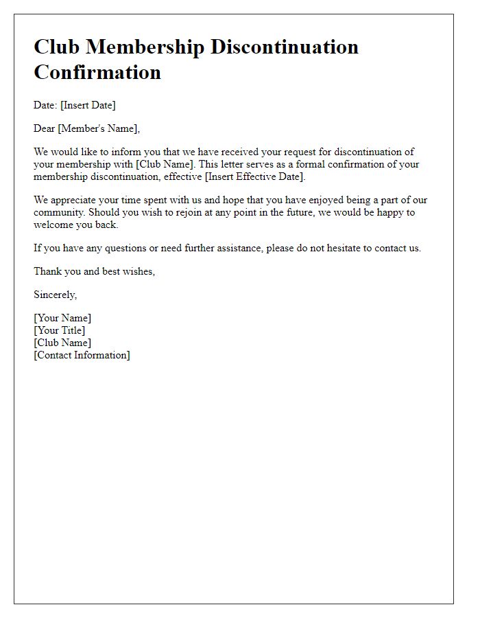 Letter template of confirmation regarding club membership discontinuation