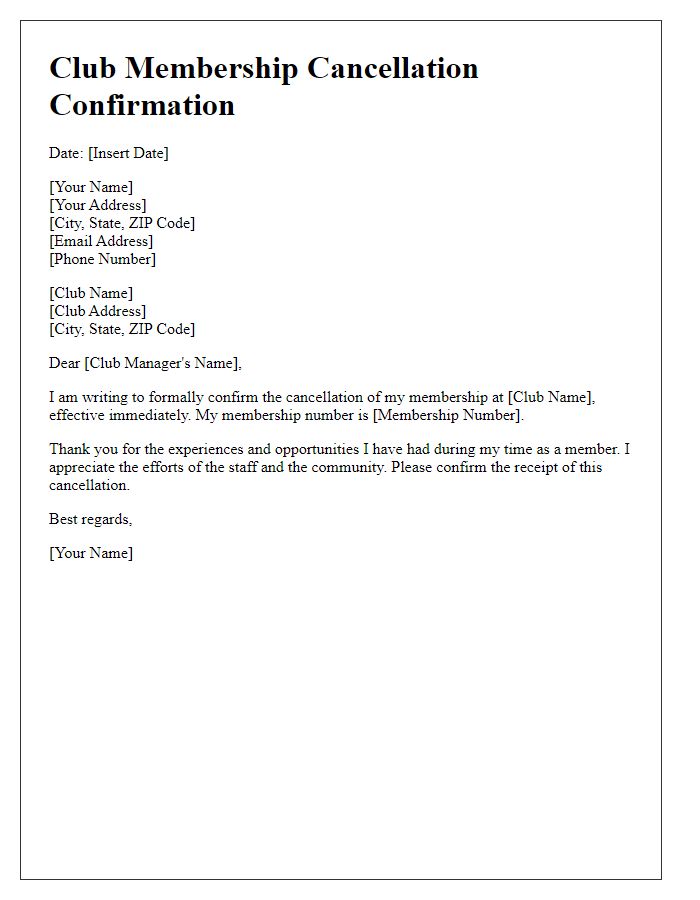 Letter template of final confirmation for club membership cancellation