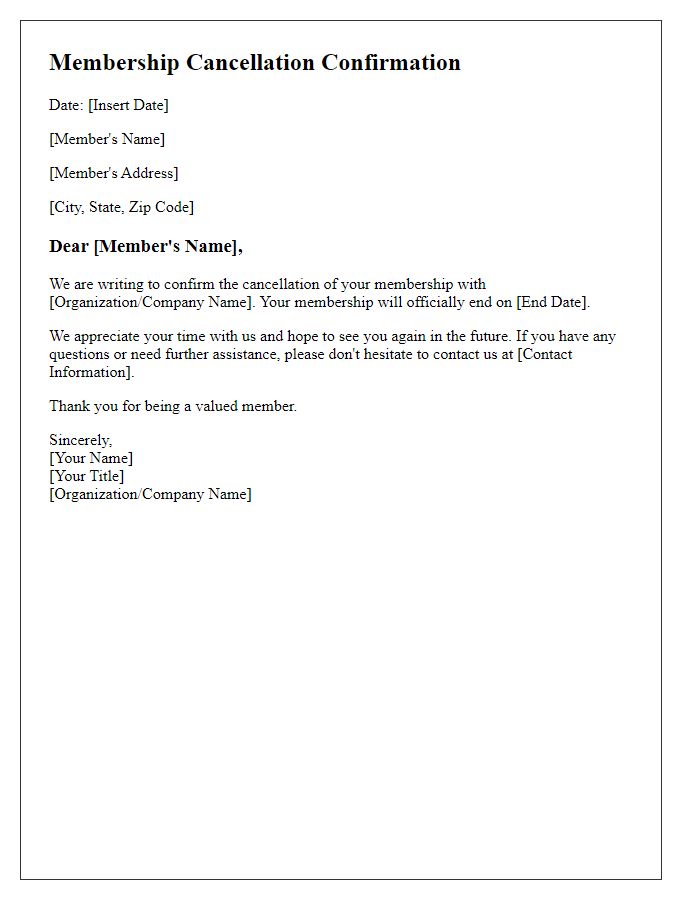 Letter template of membership cancellation confirmation notice