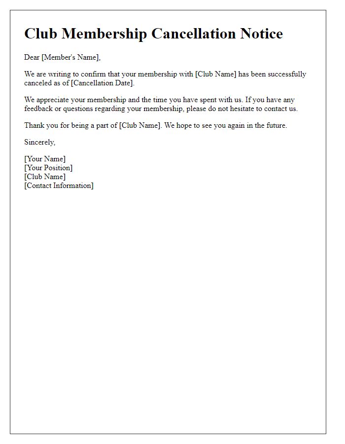 Letter template of notification for club membership cancellation