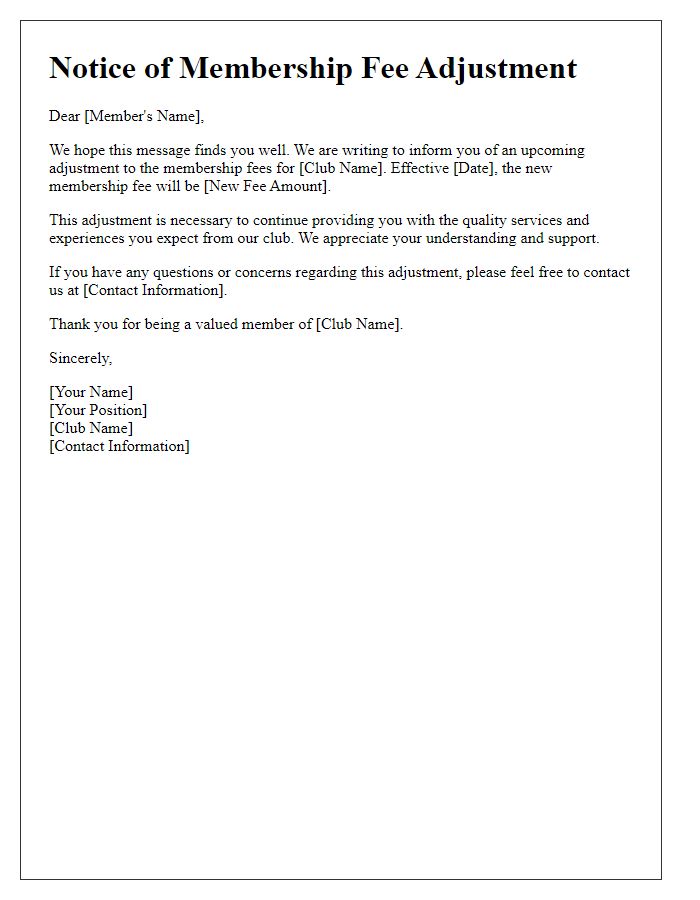 Letter template of club membership fee adjustment notice