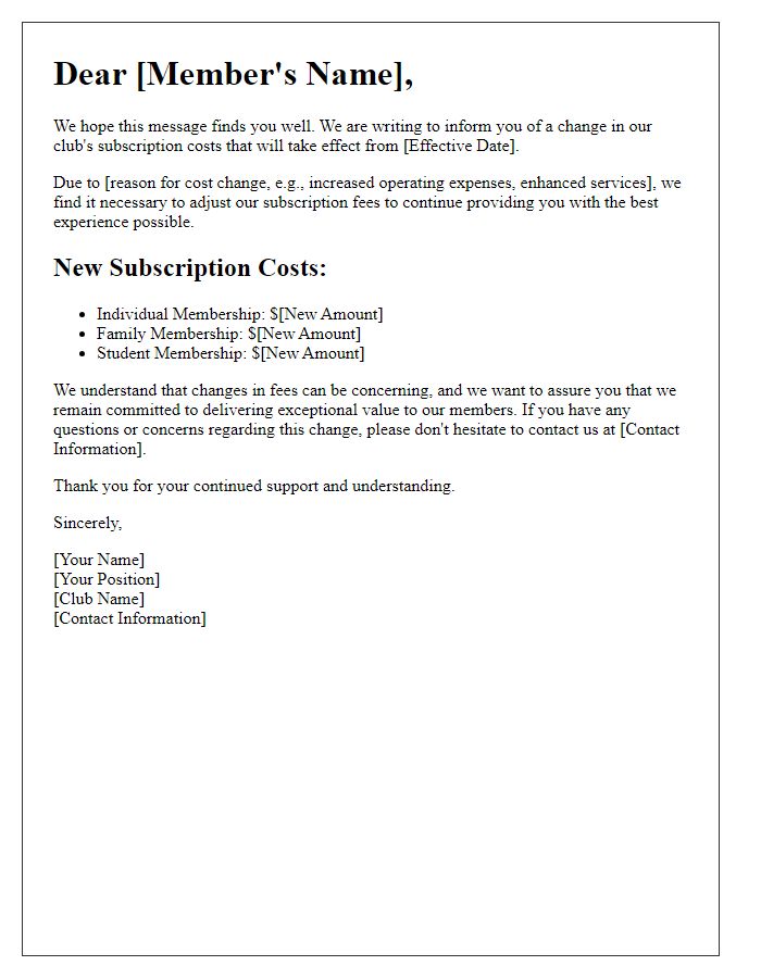 Letter template of club subscription cost change letter