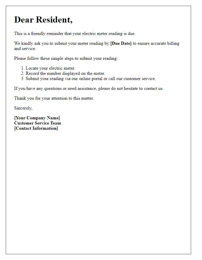 Letter template of electric meter reading compliance reminder for residents