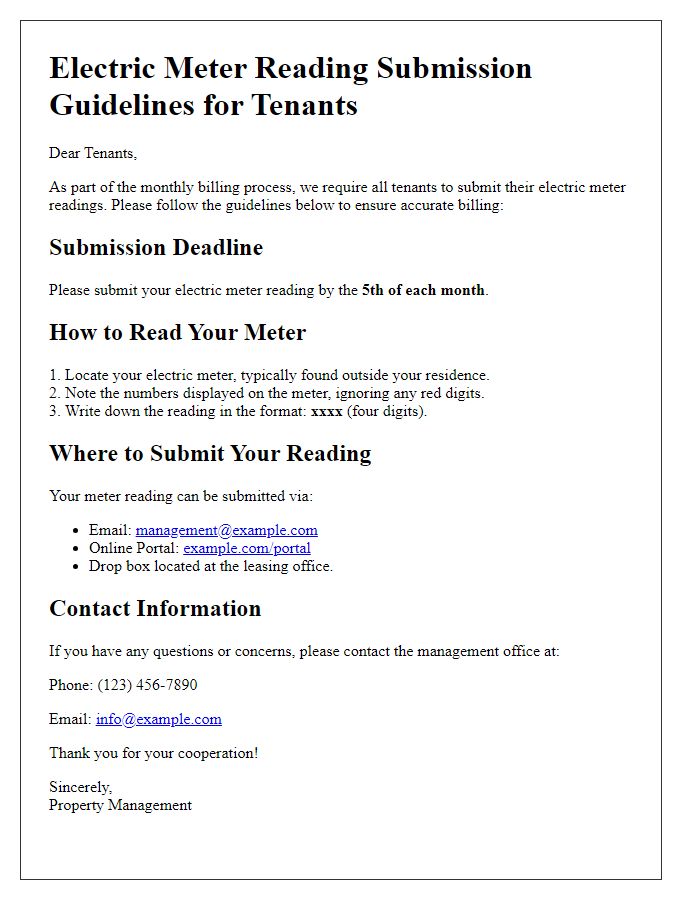 Letter template of electric meter reading submission guidelines for tenants