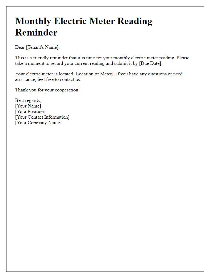 Letter template of monthly electric meter reading reminder for tenants